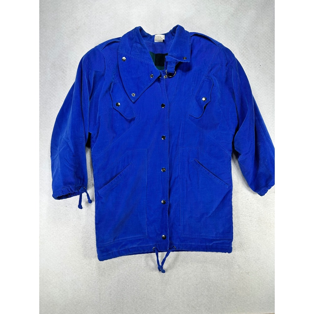Vintage Royal Blue Corduroy Plaid Lined Snap Utility Barn Coat Jacket Small S